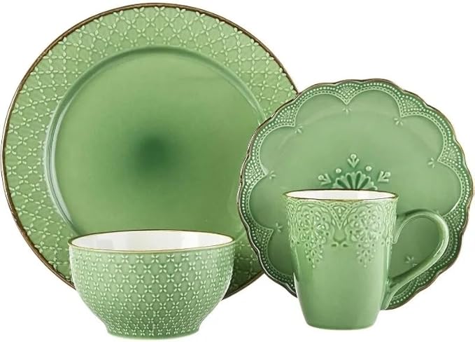 Dinnerware Set 16 Piece Green Dinner Plate Dishes and Plates Sets Embossed Pattern