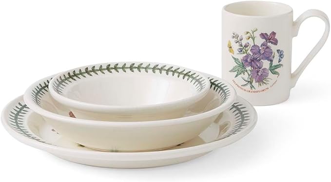 Portmeirion Botanic Garden 4 Piece Dining Set – Floral Earthenware Dinnerware Blooms – Includes 10.5 Dinner Plate 8.3 Salad Plate 6.5 Bowl &amp 12 Oz. Mug – Dishwasher Safe Tableware Essentials