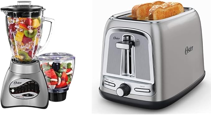 Oster Core 16-Speed Blender with Glass Jar Black 006878 + Oster 2-Slice Toaster with Advanced Toast Technology Stainless Steel