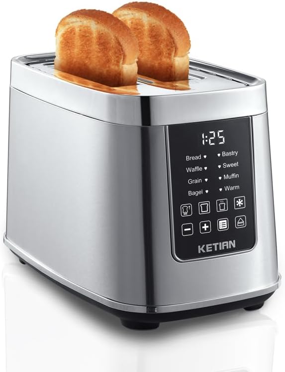 Smart Touch Screen Toaster 2 Slice KETIAN Automatic Digital Stainless Steel Toaster7 Bread TypesSingle Slot Tech7 Browning SettingsRemovable Crumb Tray1400W (Silver)