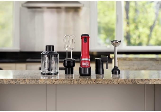 BLACK+DECKER Kitchen Wand Cordless Immersion Blender 4 in 1 Multi Tool Set Hand Blender with Charging Dock Red (BCKM1014K06)