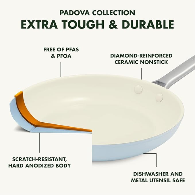 GreenPan Padova Hard Anodized Healthy Ceramic Nonstick 17 Piece Cookware Set PFAS-Free Induction Dishwasher Safe Oven Safe Light Blue