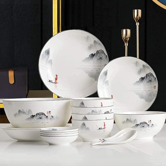 Chinese Dinnerware Set for 4/6/12 Black and White Plates and Bowls Porcelain 18 Pieces