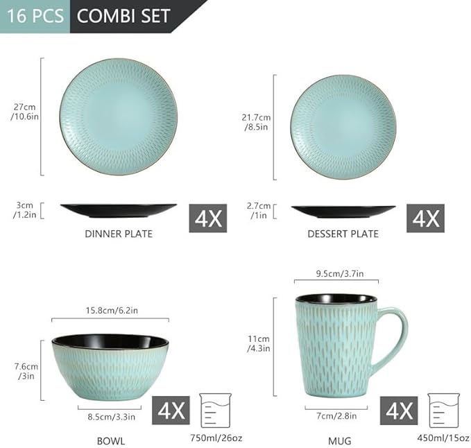 16 Piece Green Embossed Stoneware Tableware Set with Dinner Dessert Plate Soup Bowl Mug Service for 4