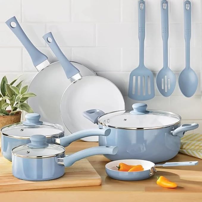 Kitchen Accessories 12pc Ceramic Cookware Set Linen Pots And Pans