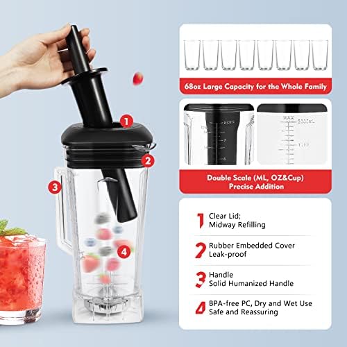 2200W Professional Countertop Smoothie Blender 2L Heavy Duty Stainless Steel Commercial Kitchen Blender Mixer Juicer Ice CrusherAdjustable Speed for MilkshakesIce Creams Fresh Juices (Black)