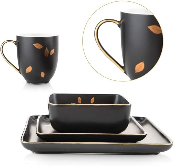 16 Piece Modern Trendy Art Porcelain Square Dinnerware Sets Embellished Gold Leaves Design Microwave &amp Dishwasher Safe Black Dinnerware Sets for 4 Large Dinner &amp Salad Plates Deep Bowls and