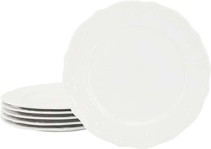 Elama Henryi 6 Piece Embossed Rim Detail Porcelain White 8.75 Inch Salad Plate Set Tableware Set Serveware (6 Pc Salad Plate)