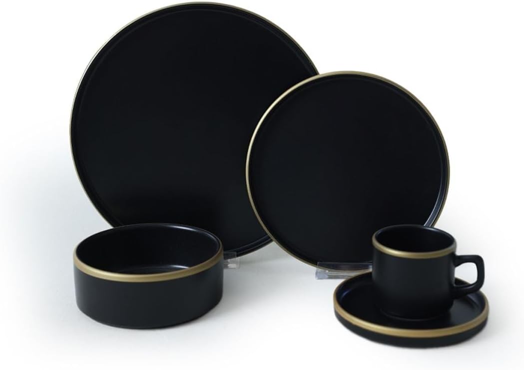 Dinnerware Set - Mat Siyah Gold Fileli Stackable - 20 Pieces - 4 Persons - Stoneware