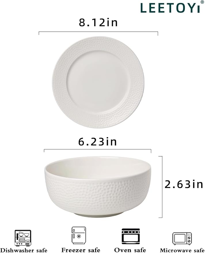 LEETOYI Ceramic Dinnerware Set 26 OZ Bowl with Plates Tableware for Kitchen and Formal Dining Used for Cereal Salad Pasta Soup Dessert Dishwasher &amp Microwave Safe White