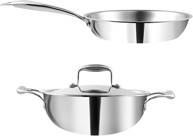 Vinod Platinum Triply Stainless Steel Cookware Combo Set of 2 | 1.5 Litre Kadai (20cm) 20 cm Frypan | Extra Deep Kadai with Lid for Cooking | Induction Cookware