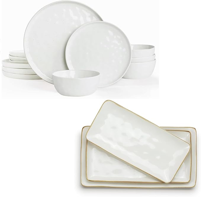 Famiware Mars Plates and Bowls Sets + 3 Pcs Ocean Rectangular Serving Platter 15-Piece Dinnerware Sets for 4 White