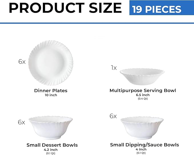 Borosil Gourmet Dinnerware Set For 6 19 Pieces White Dinner Plates and Bowls Sets Chip Resistant Tempered Opal Glass Stain Resistant Dishwasher &amp Microwave Safe Dinner Set For Gifting Serves