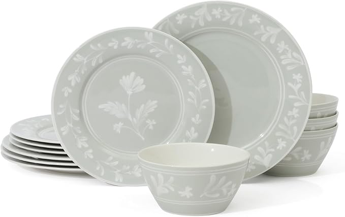 Martha Stewart Maiden Crown 12-Piece Sage Green Dinnerware Set – New Bone China Ceramic Plates &amp Bowls – Floral Design – Service for 4 – Microwave &amp Dishwasher Safe