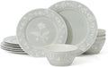 Martha Stewart Maiden Crown 12-Piece Sage Green Dinnerware Set – New Bone China Ceramic Plates &amp Bowls – Floral Design – Service for 4 – Microwave &amp Dishwasher Safe