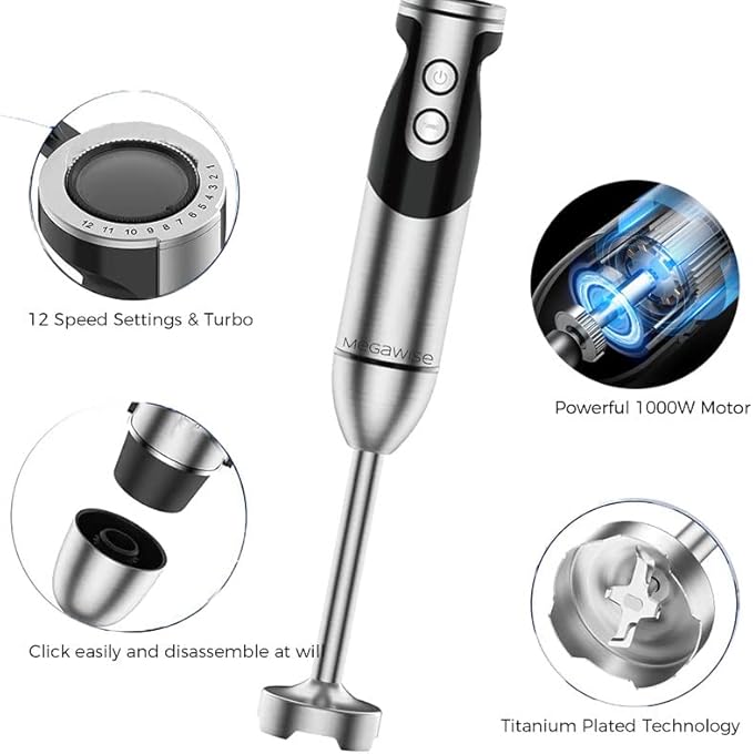 MegaWise Pro Titanium Reinforced 3-in-1 Immersion Hand Blender Powerful Copper Motor with 80% Sharper Blades 12-Speed Corded Blender Including Dish Washer Safe Whisk and Milk Frother