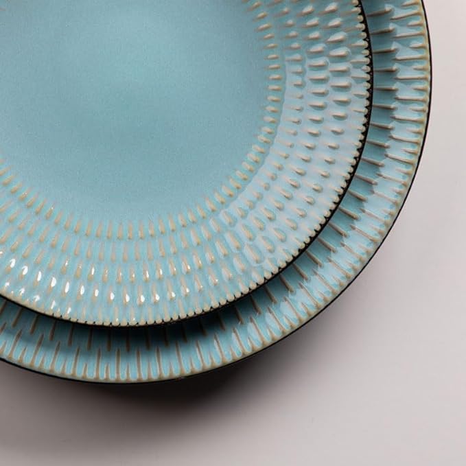 16 Piece Green Embossed Stoneware Tableware Set with Dinner Dessert Plate Soup Bowl Mug Service for 4