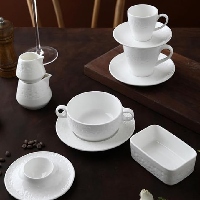Elysian Bliss Ivory Grace Fine Porcelain Dinnerware Set Embossed Design White 18-Piece Ceramic Dinnerware Set – Pebble Pure Collection
