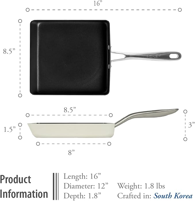 TeChef Collection | Ceramic Nonstick Egg Frying Pan Nontoxic - Nontoxic - Free of PFAS PFOA PTFE Made in Korea (Square Pan)