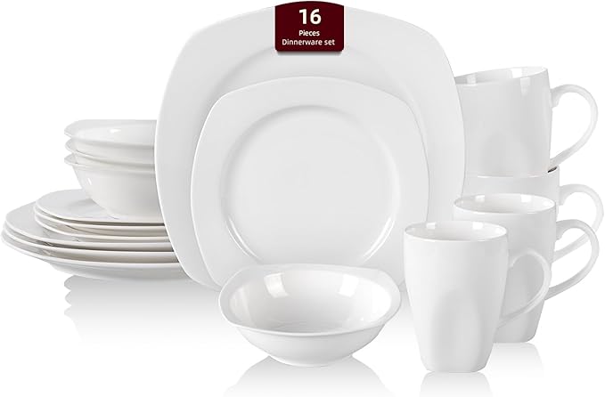 HomeVss New Bone China Embossed Dinnerware Set Coupe Square Shape 16pc Set