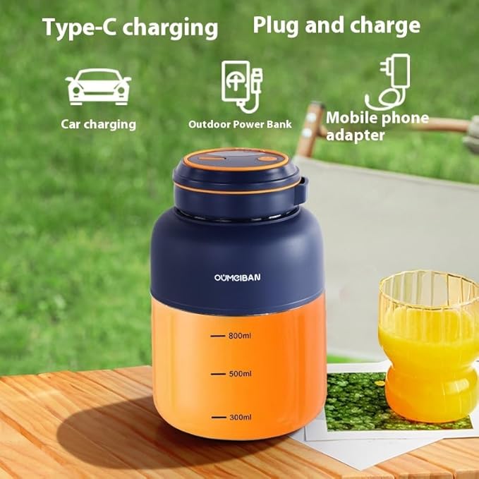 OUMGIBAN Portable Wireless Electric Juicer Cup Small Juicer Blender 1300ml Capacity Navy Blue and Orange