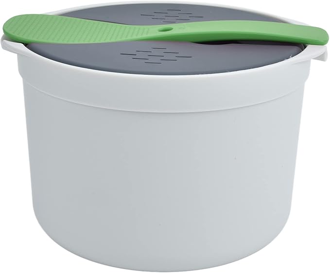 Microwave Rice Cooker 2L with Lid Spoon Strainer Steaming Pot for Home Office Use Suitable for All Rice Quinoa Polenta Potatoes Dishwasher Safe BPA PP Material Green