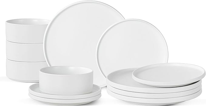 Plates and Bowls Sets 12 Piece Ceramic Dinnerware Set for Family and Gatherings Dishes Set for 4 Dishwasher &amp Microwave Safe Handcrafted Stoneware Sets Modern White