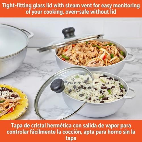 Cast Aluminum Caldero 3-Piece Cookware Set with Glass Lids 1.5qt 2.5qt 5.2qt (18cm 22cm 28cm) – Nonstick Dutch Oven for Rice Stew and Soup Cooking