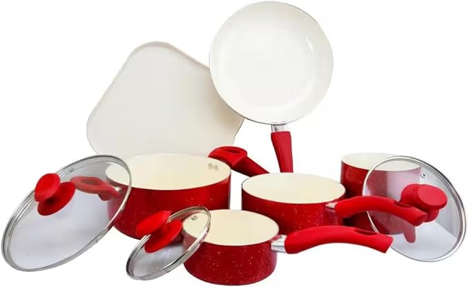 For San Jacinto 9-Piece Aluminum Nonstick Cookware Set in Red Speckle