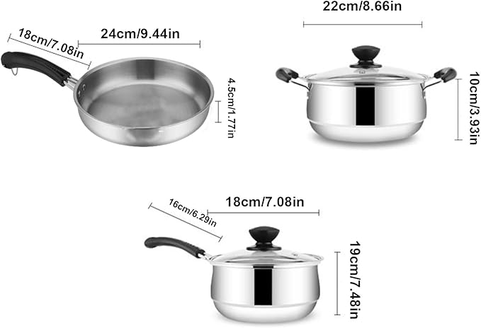 Pots And Pans Set Non Stick 3pcs Stainless Kitchen Cookware Kitchen Utensils Set Kitchen Cookware Pots and Frying Sauce Pans Set for Simmering Sautéing Frying