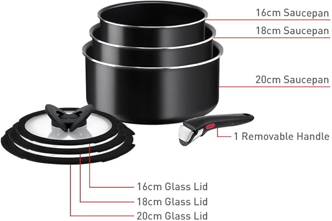 Tefal Ingenio Easy ON 7 piece Non-Stick Saucepan Set 16&amp18&amp20 cm Saucepans 16&amp18&amp20 cm Glass Lids Bakelite Removable Handle Easy Cleaning Heat Indicator Black L1599602