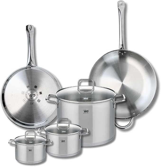 ELO 9509950 Cookware Set 5 Pieces 2 Frying Pans 28 and 32 cm and 3 Saucepans 14 16 and 26 cm Elo Profi Citrine Stainless Steel Induction