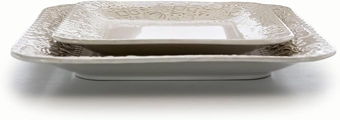 16 Piece Square Stoneware Dinnerware Set – Ivory Plates and Bowls with Baroque Design Microwave &amp Dishwasher Safe Dinnerware for 4 Elegant Tableware Set