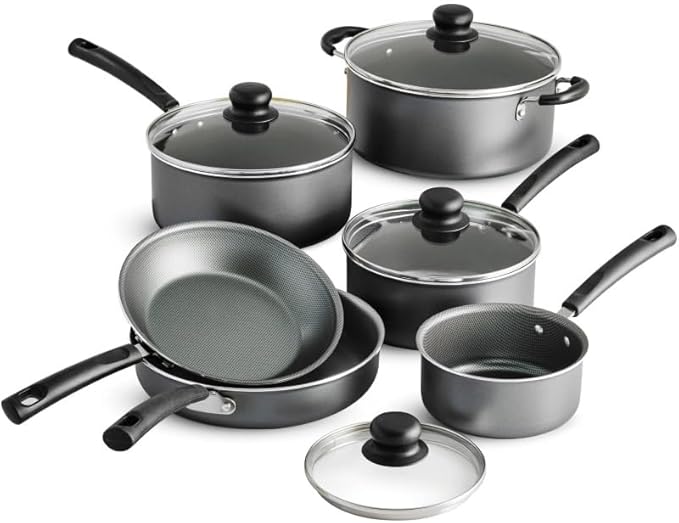 10-Piece Non-Stick Cookware Set with Non-Scald Handles and Tempered Glass Lids for Gas Electric and Ceramic Glass Cooktops Gray