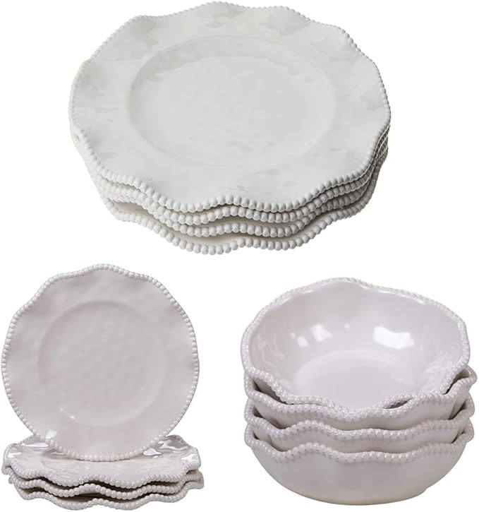 Certified International Perlette Cream 12-Piece Dinnerware Set features elegant cream-colored dishes with a beaded rim design. It includes bowls salad and dinner plates.