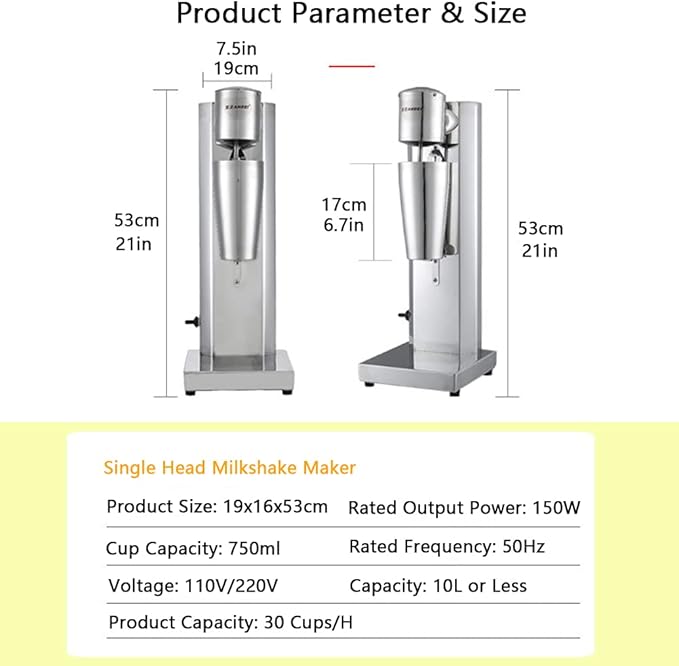 Single Head Milkshake Maker Stainless Steel Commercial Electric Ice Cream Mixer Shake Machine Smoothie Drink Blender with 750Ml Cup (180W 18000 Rpm)