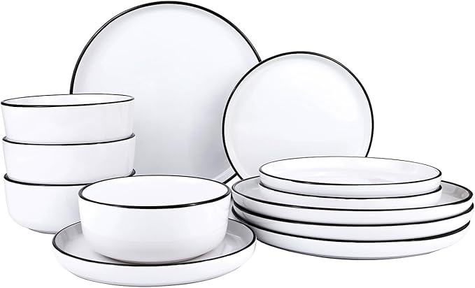 12 Pieces Ceramic Dinnerware setPlates and Bowls Sets for 4White Dinnerware Set for Kitchen Modern Design Plate Sets with Black Rim Microwave and Dishwasher Safe