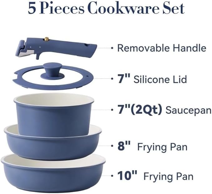 5 Pcs Pots and Pans Non-Stick Coating Oven Safe Stackable Kitchen Cooking Set Navy Blue Induction Ready Cookware Set with Detachable Handles