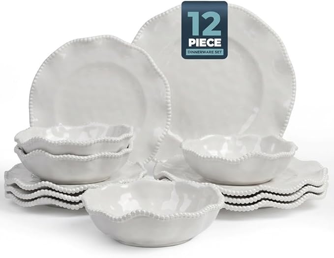 Melamine Dinnerware Sets Service for 4 Cream Plates and Bowls Set with Beaded Edge BPA Free Dishwasher Safe Heavy Duty Shatterproof Unbreakable Tableware for Wedding Party Camping Outdoor