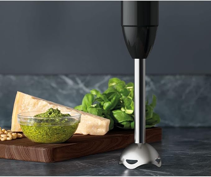 AEG HB4-1-6GG hand blender including 2 stainless steel blades comprehensive accessories BPA-free 2 speed settings turbo function dishwasher safe brushed stainless steel / grey