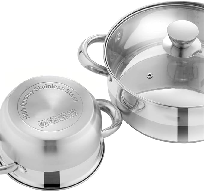 Cookware Set Stainless Steel 7- Piece Kitchen Cooking Pot&amp Pan Set Saucepan Casserole Steamer Frypan with Glass lid