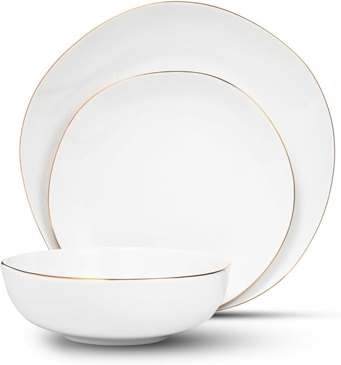 Godinger Dinnerware Set Salad Plates Appetizer Plates Dinner Plates Soup Bowls Cereal Bowls White with Gold Band 12 Piece Set