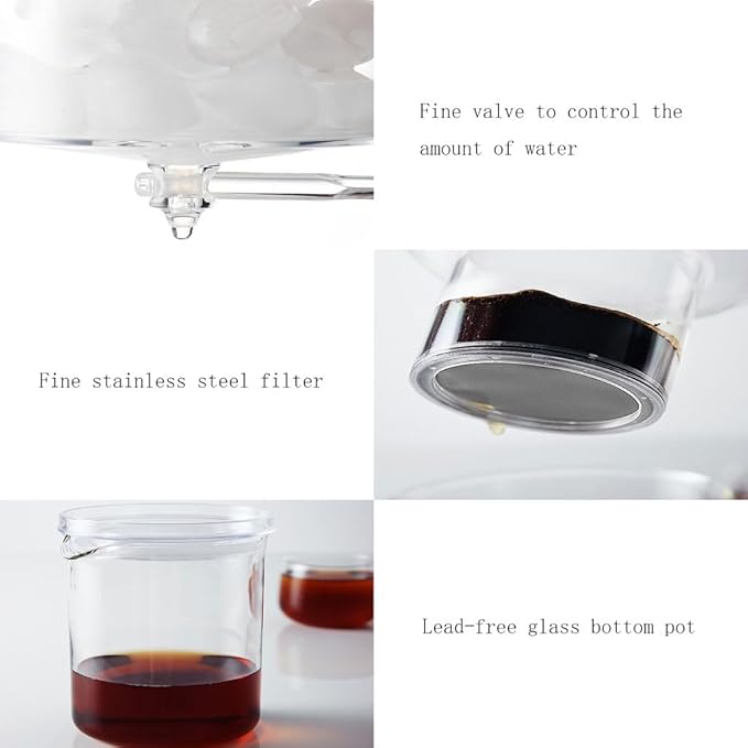 ASSICON Aluminum Espresso High Transparency Iced drip Coffee Maker with Adjustable Flow for Home Office 20.2oz Drip Coffee Makers with Filter Fits Most Stovetop Coffeemaker