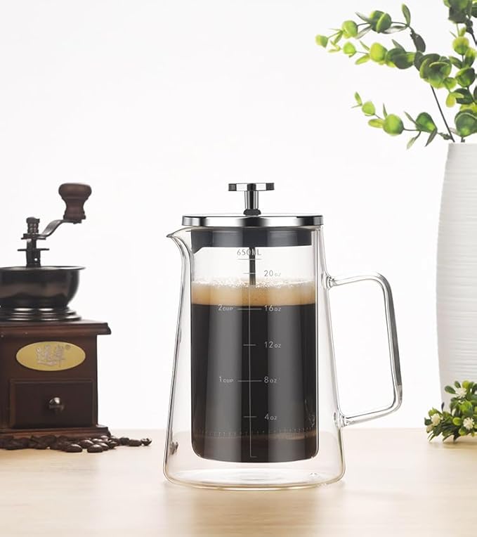 Vortex XLYTB650 Premium Double Layer French Press Coffee Maker - 650ml Heat Resistant Borosilicate Glass Pot Stainless Steel Plunger for 2-3 Cups Elegant Home Office Brew