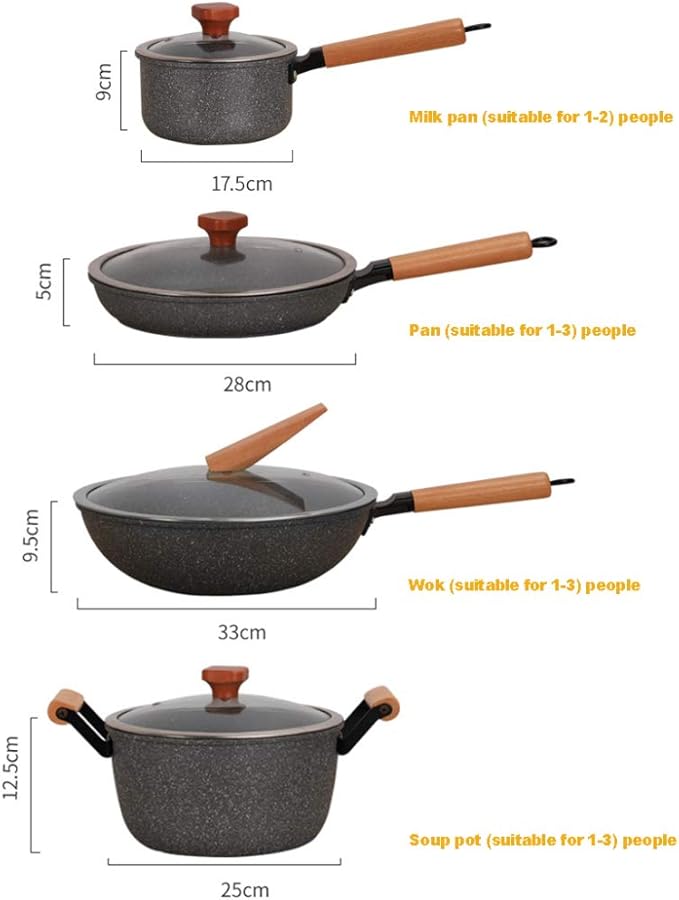 Cooking Pot Cookware Set 4-Piece Marble Coated Pots Sets Milk Pan Soup Pan Wok Frying Pan with Glass Lid