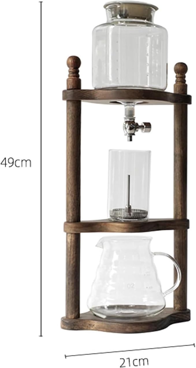 Solid Wood Ice Drip Coffee Pot 600ml High Borosilicate Glass Cold Brew Maker Ice Cold Brew Dripper Coffee Maker 4~6 Servings Drip Pot W/Adjustable Valve Stainless Steel Stopper for Cafes