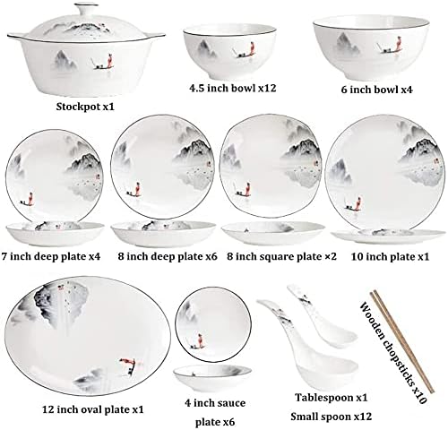 Dining Plate Set 60-Piece Dinnerware Set Antiquity Chinese Style Porcelain Set Dinner Dishes Set Plates/Bowls/Spoons and Soup Pot Service for 12