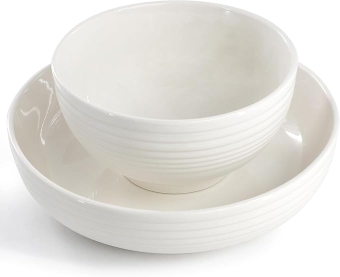 18 Piece Ribbed White Porcelain Dinnerware and Serving Bowl Set – Dishwasher &amp Microwave Safe Service for 6