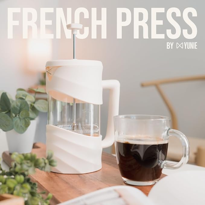 ANGORA BRANDS French Press Coffee Maker - 34 oz French Coffee Press - Brew Rich Coffee and Tea Anywhere - Portable Coffee Maker for Kitchen Travel and Camping - French Press by Yunie (White)
