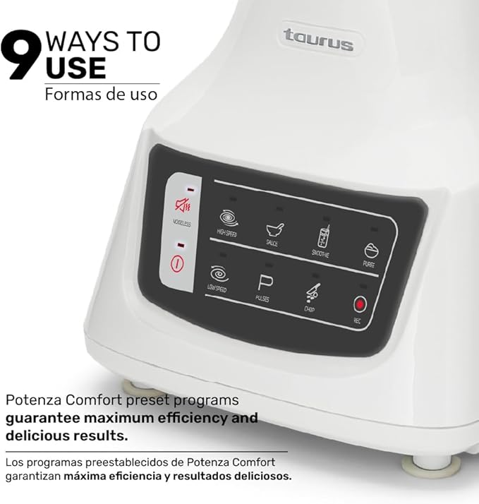 Taurus Potenza Comfort Blender 1050W 1.5L Glass Jar Up to 50% Less Noise Stainless Steel Blades 9 Speed Settings Quiet Powerful Blender for Smoothies Ice and Frozen Drinks